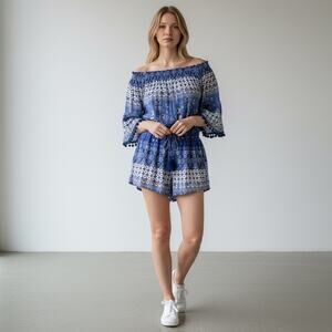 RAGA Women's Blue Mosaic Pattern Off Shoulder Romper Size S